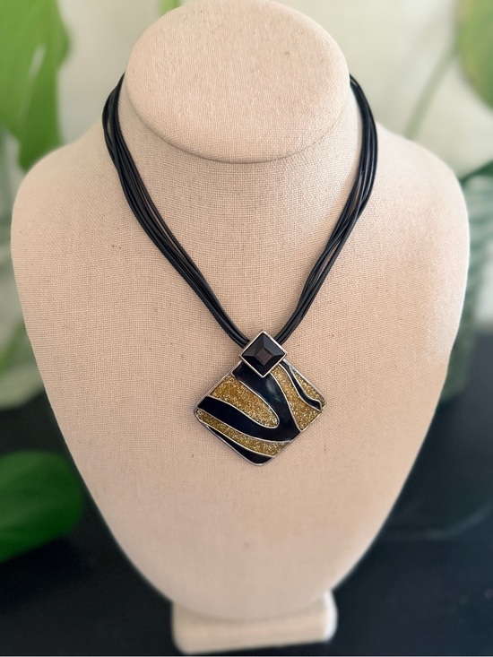 Vintage Jewelry - Vintage Michaela Frey Black & Gold Enamel Pendant Multi Strand Necklace